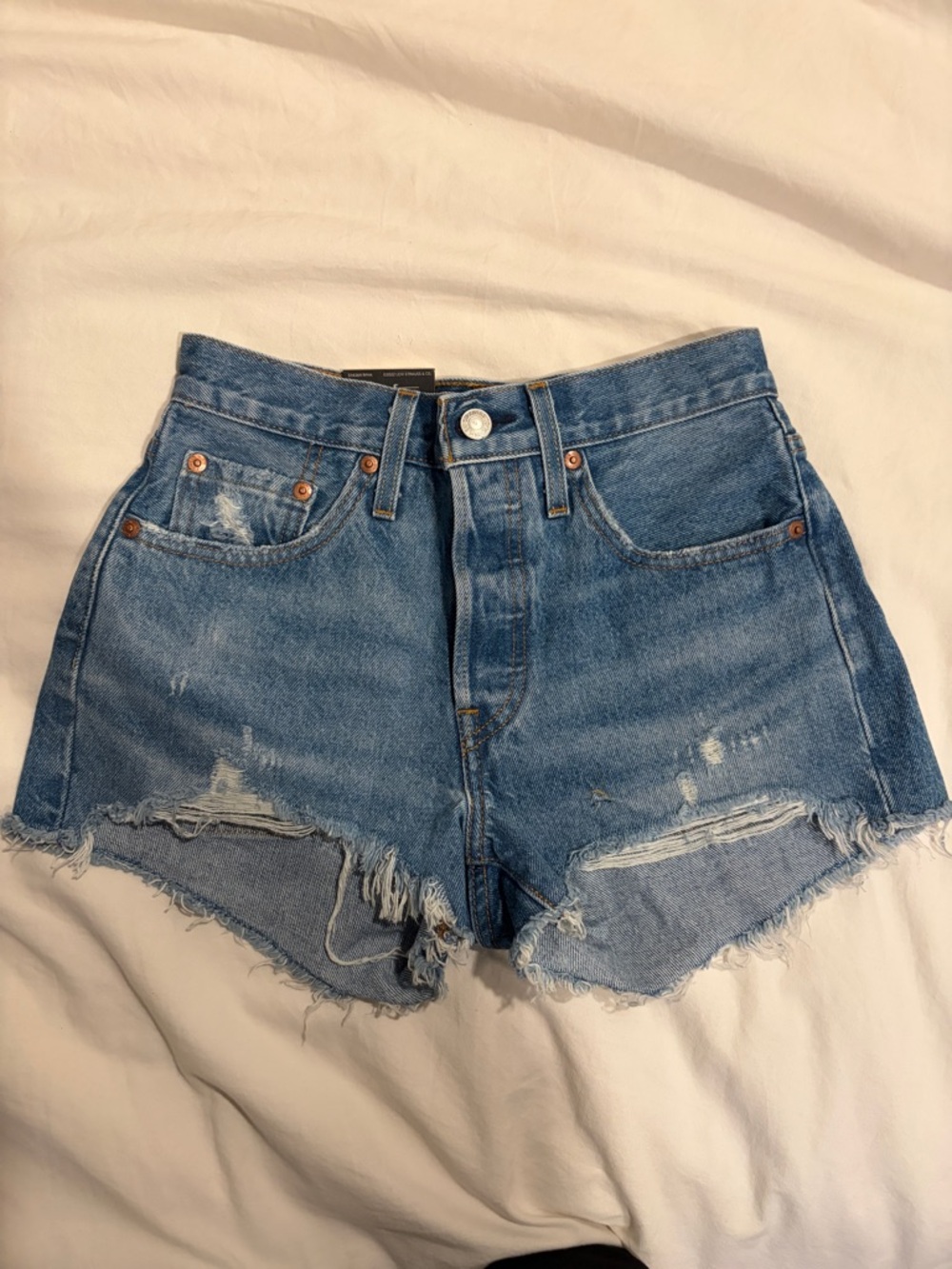 Levi's 501 Shorts High Rise Distressed Blue Denim Cutoff Size 24